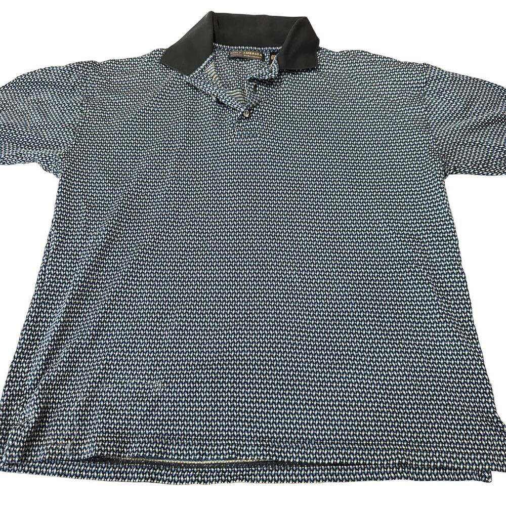 Golf America Polo Shirt Mens Size L Blue Beige Black Geometric 100% Cotton